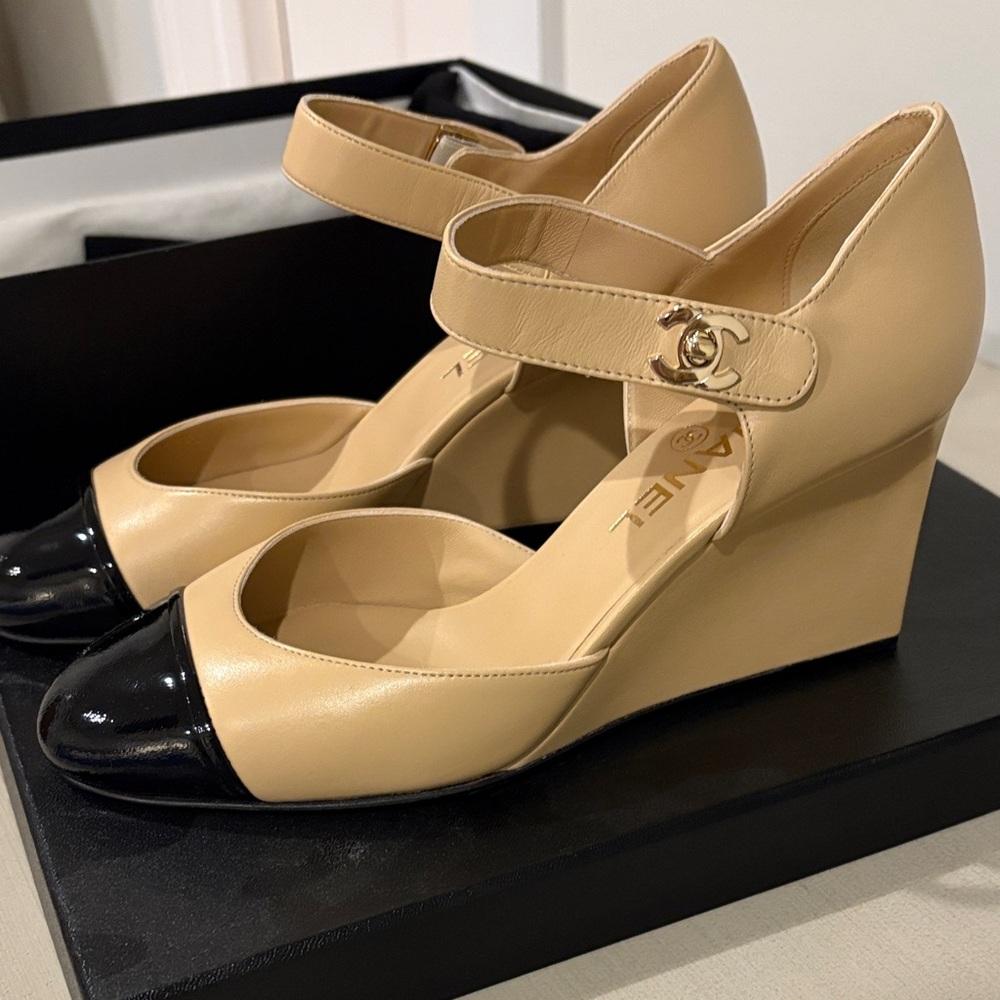 CHANEL Tan and Black Wedge Heels